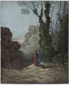 Purgatoire, Chant 1 : Les poètes contemplent la beauté de Vénus dans le ciel du matin, illustration de La Divine Comédie de Dante Alighieri, 1885 (gravure colorée numériquement) - Gustave after Dore